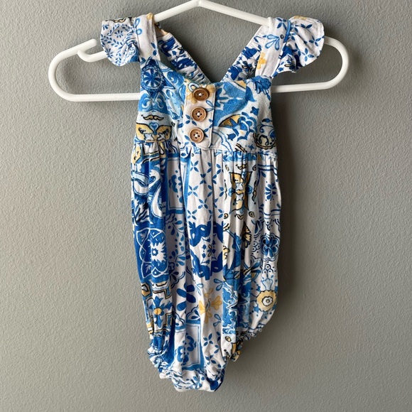 Posh Peanut Other - Posh Peanut Blue and Yellow Bamboo Bubble Romper with Ruffle Strap Details